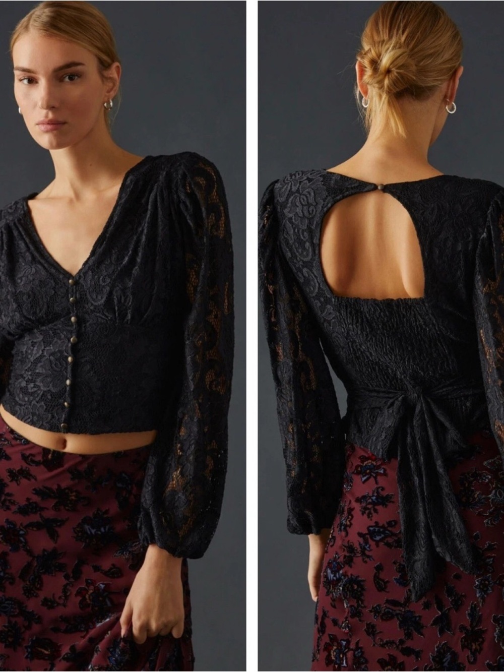 Anthropologie Black Lace Crop Ballon Sleeve Blouse size XS - Picture 9 of 9